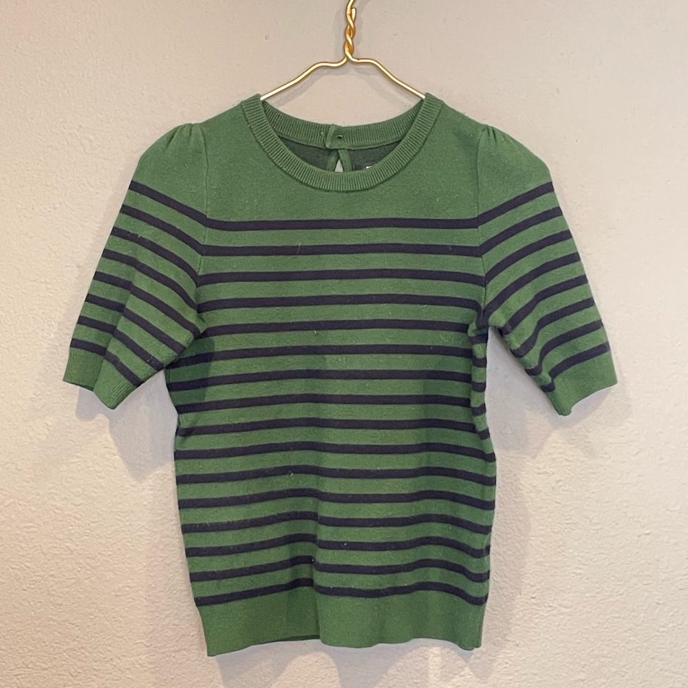 Anthropologie Green and Black Striped Crew Neck Sweater